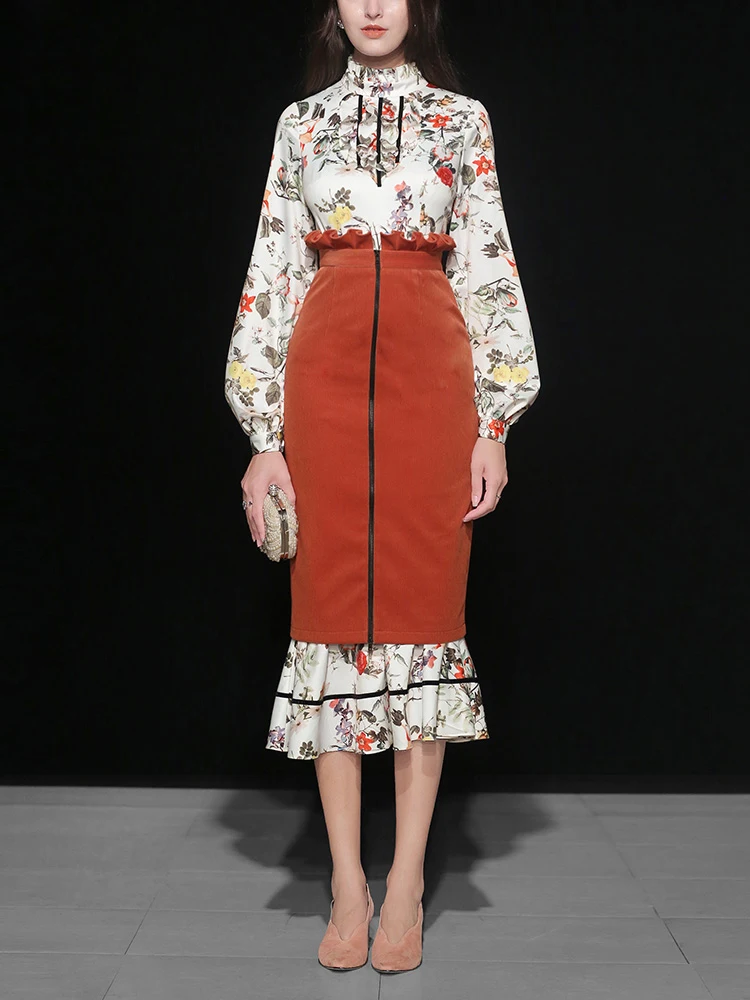 Дизайнерская Осенняя женская блузка с длинным рукавом-фонариком и принтом+ юбка-карандаш с завышенной талией до середины икры элегантный комплект из 2 предметов C2240