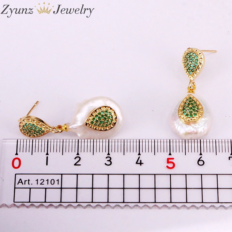 5Pairs, Fashion Earrings CZ Micro Pave Nature Pearl Gold Color Drop Dangle Earring