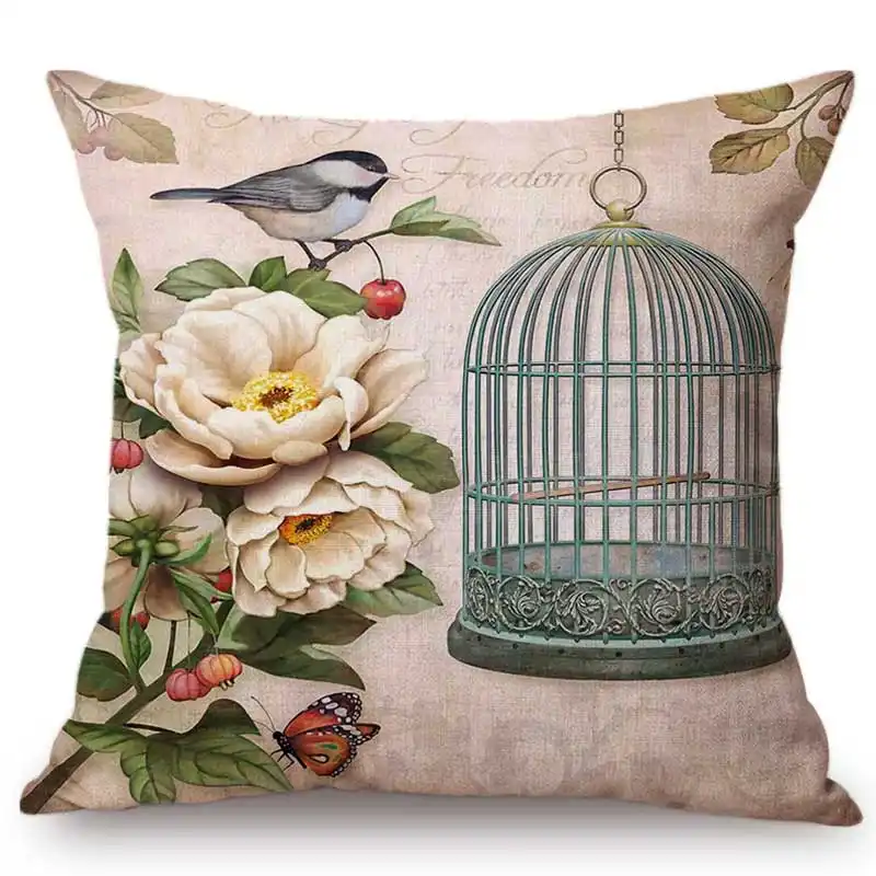 Elegante Blumen Vogel Kafig Zeichnung Home Dekorative Sofa Werfen Kissen Fall Vintage Blume Vogel Poster Design Leinen Kissen Abdeckung Cushion Cover Aliexpress