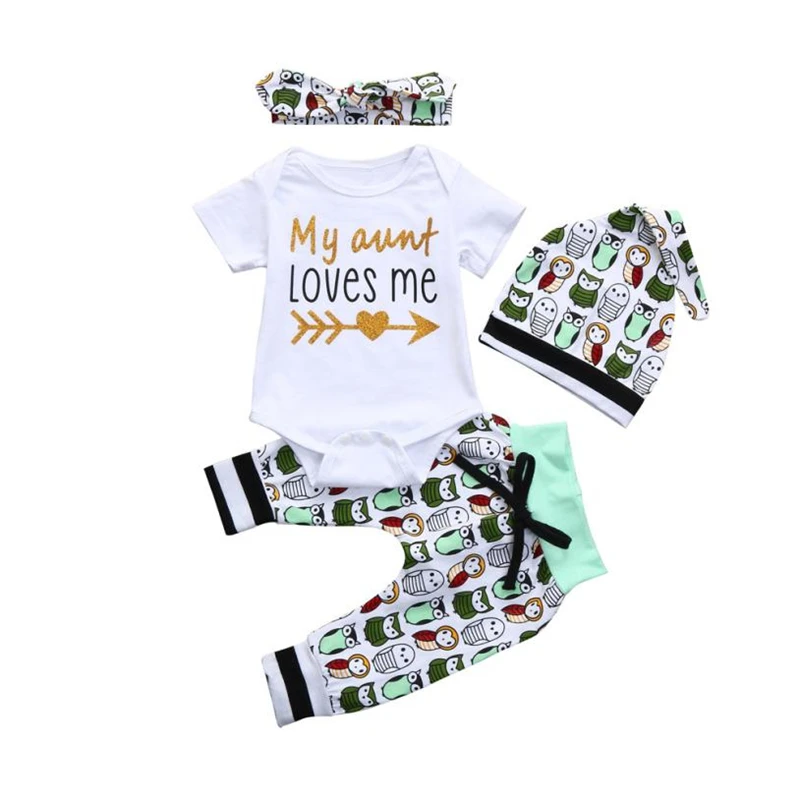  Drop shipping 2018 NEW  4Pcs Infant Baby Boys Girls Letter Print Rompers Jumpsuit Pants Hat Outfits Set                O0612#300