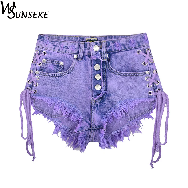 Fashion Purple Ripped Denim Shorts Women 2018 Summer High Waisted