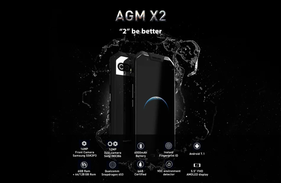 AGM X2 IP68 прочный водонепроницаемый телефон Android 7,1 5," FHD 6 ГБ ОЗУ 64 Гб ПЗУ MSM8976SG Восьмиядерный двойной камеры 12 МП 6000 мАч