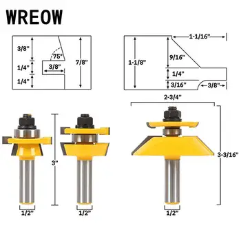 

High Quality 3pc/set 1/2 Inch Round Shank Router Bit Raised Panel Wood Cabinet Door Tenon Cutter Tool Woodworking Milling Cutter