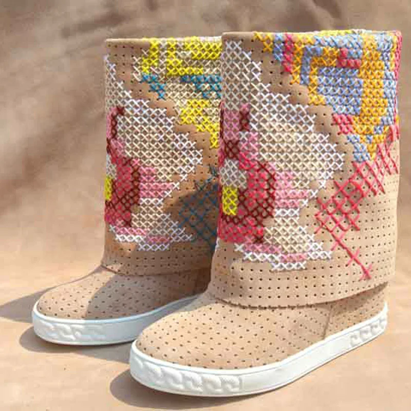 

Spring Small Hole Perforation Multicolor Cross-stitch Embroidery Med Calf Boots Height Increasing Round toe Suede Slip on Botas