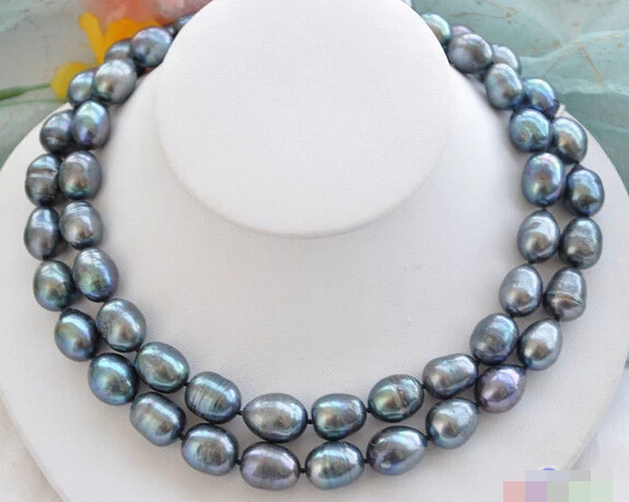 

HOT## Wholesale >>> P4365 Huge 2row 18" 14mm peacock black rice freshwater pearl necklace