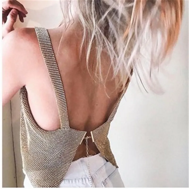 

Blusas Feminino women's 2017 harajuku Diamonds strap backless split women's blouse Female Tops gold silver wholesale Clothing