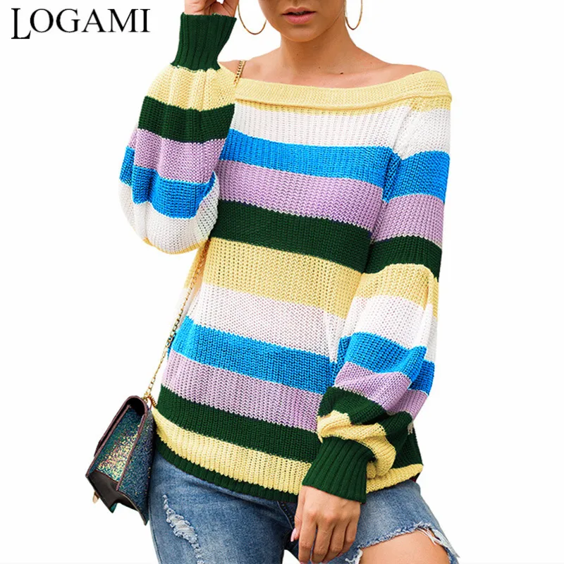 

LOGAMI Off Shoulder Long Sleeve Rainbow Striped Sweaters Fashion 2019 Women Sexy Loose Pullover Women'S Casual Tops