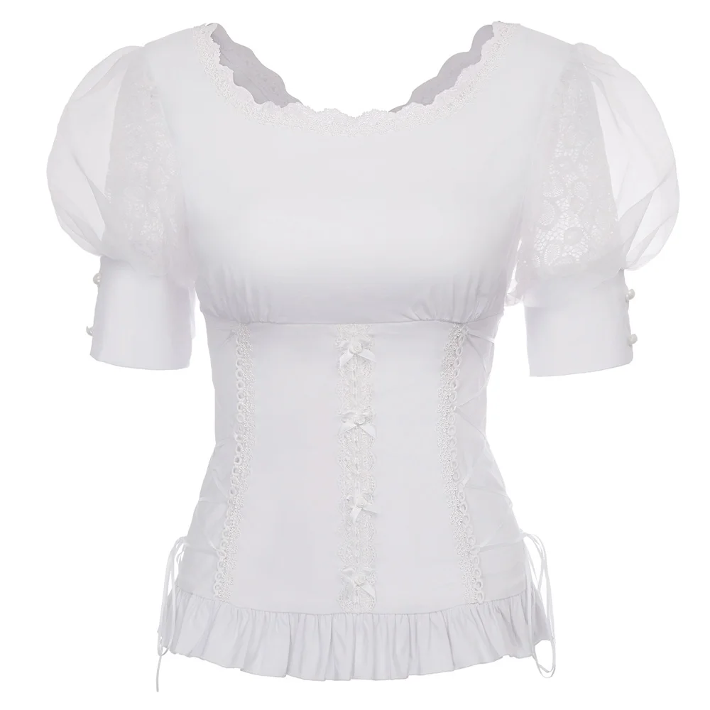 Высокое качество Черный Белый 50s Готическая Лолита рубашки ретро рубашка tuniek Половина рукава органза кружевная блузка женские Топы Одежда - Цвет: White