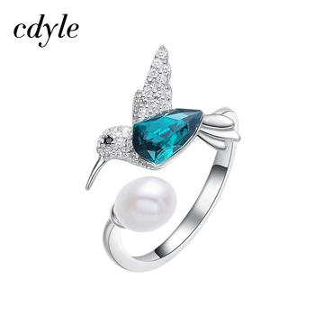 

Cdyle Embellished with crystals Hummingbird Open Ring Resizable Green Bird Stone Finger Pearl Ring For Women Gift