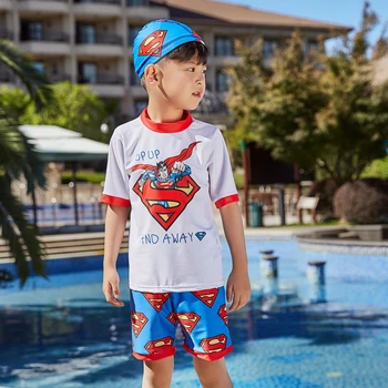

Kids Swimwear Boys Swimsuit Minions Batman Swimming Children Sport UPF50+ Beachwear Baby Bathing Suit With Swimming Hat