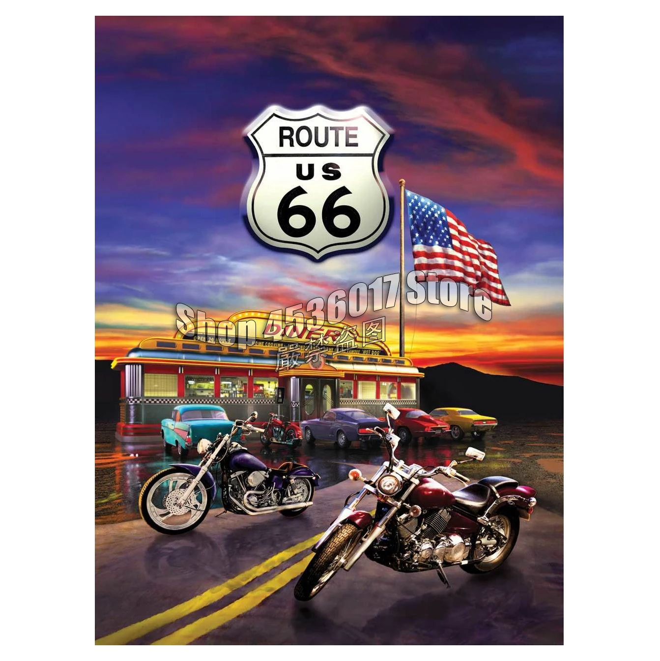 

Route 66 Diner DIY Diamond Painting Cross Stitch Mosaic Diamond Embroidery Americana Motorcycle Needlework full Rhinestone