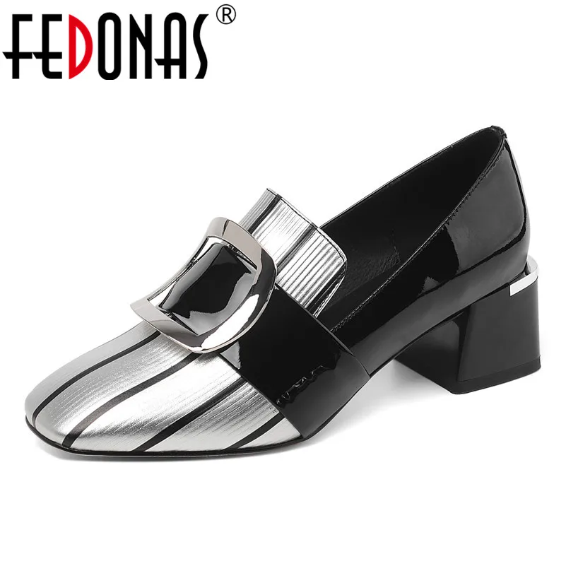 

FEDONAS New Arrival Women Square Toe High Heels Metal Decoration Shoes Woman Genuine Leather Pumps Spring Summer Single Shoes