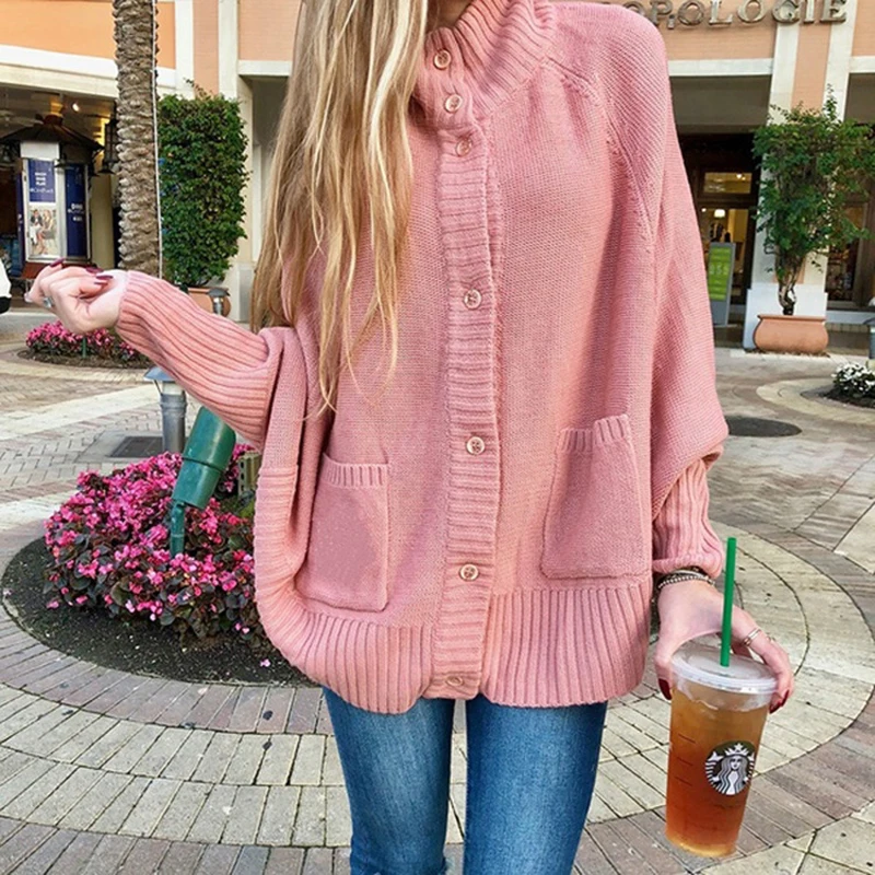 

2019 autumn new sweet sweater single-breasted solid loose knit cardigan coat female vestidos Half turtleneck bat sleeve sweater