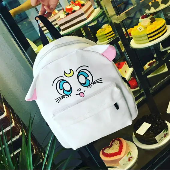 Japanese Cartoon Sailor Moon Preppy Style Embroidery Backpack Lovely Cat Tsukino Usagi Canvas Backpacks For Teenage
