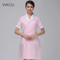 2017 viaoli летом с коротким рукавом медсестра костюм воротник врачи белое пальто салоны красоты аптека розовый форма