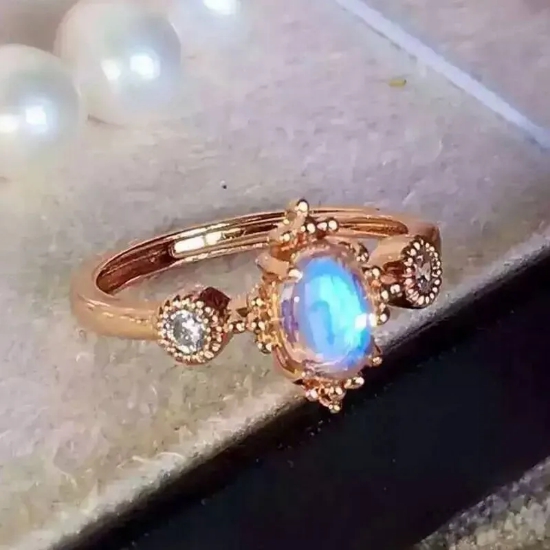 Natural moonstone Ring 925 sterling silver Natural 4*6mm blue gemstone
