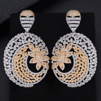 

62mm Fashion Geometry Oval Flower Hollow Full Cubic Zirconia Engagement Party Drop Dangle Earrings Jewelry For Women