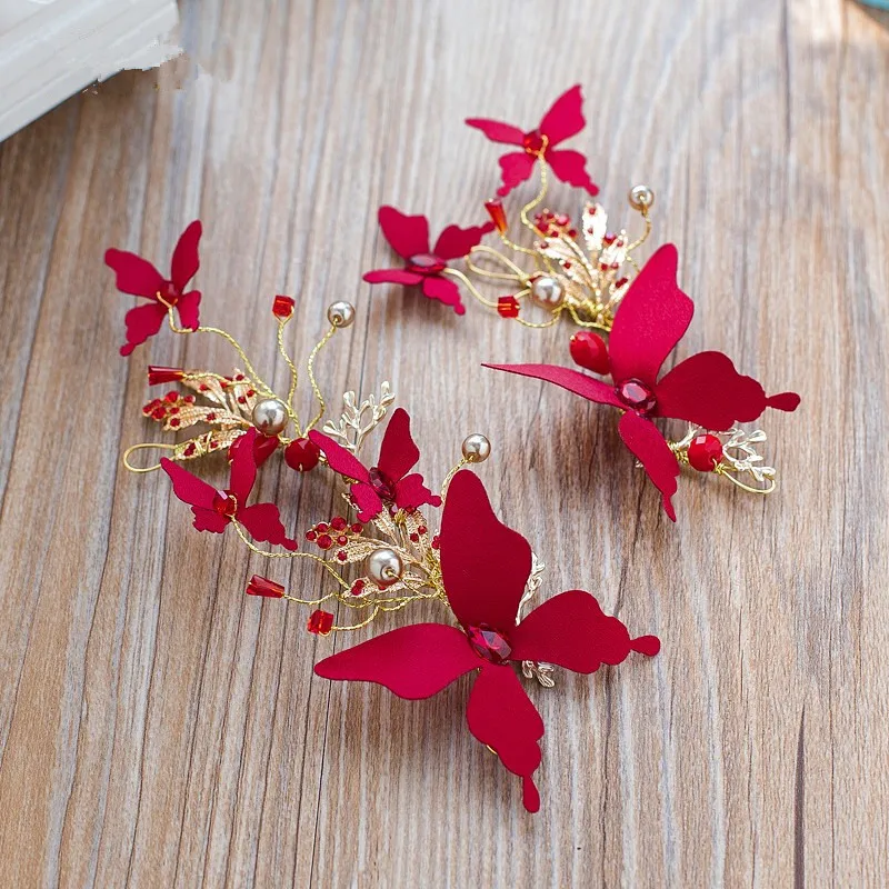 

bride headdress red butterfly flower barrette handmade jewelry wedding hair ornaments factory
