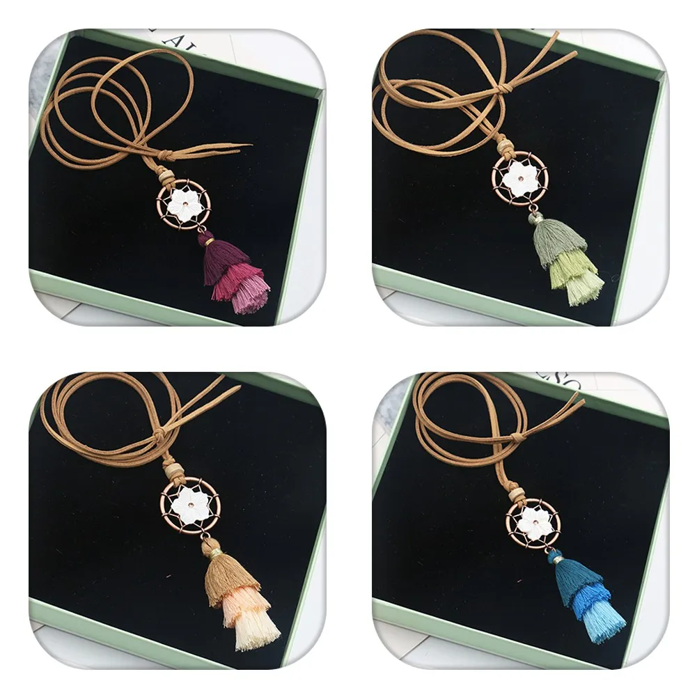 

1pc Bohemian long tassel sweater necklaces for women Boho dream catcher carved big discs wood beads pendant necklace