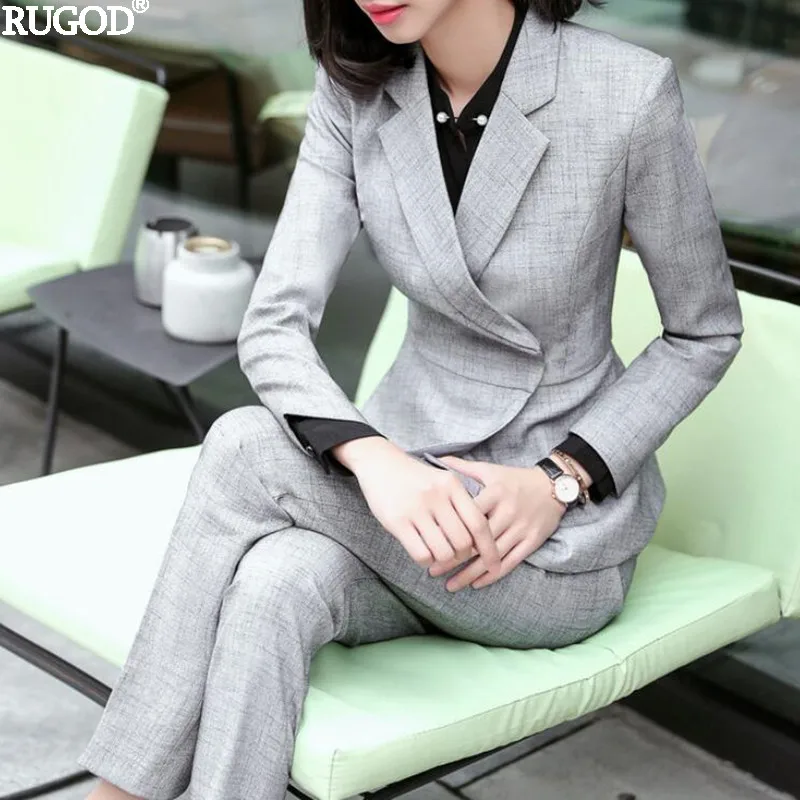 

RUGOD Elegant High Quality Solid Profession Suits Women Slim Notched Ruffle Blazer/ Pants/ Skirt Office Lady Suits Set Plus Size