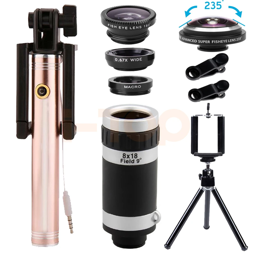 Phone lenses Kit 8X Telephoto Zoom Lentes Telescope Monopod Tripod 235 degrees Fisheye Wide Angle Macro Lens For iPhone 5 6 s 7 | Мобильные