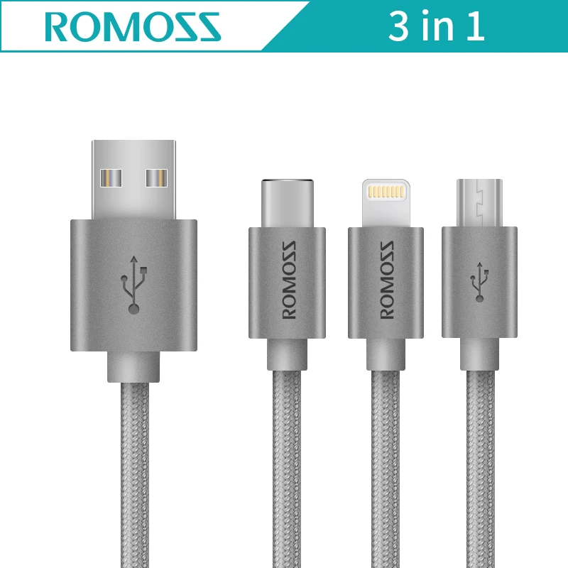 Kopen Originele Kabel ROMOSS CB25N USB C Micro USB 1.5 m Lengte Hoge Compatibiliteit 3 in 1 Snelle Charger Cable voor voor Android voor Iphone