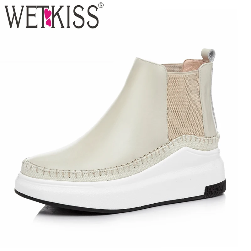 

WETKISS Cow Leather Women Ankle Boots Elastic Round Toe Footwear Platform Female Boot Fashion Casual Shoes Woman 2018 Autumn New