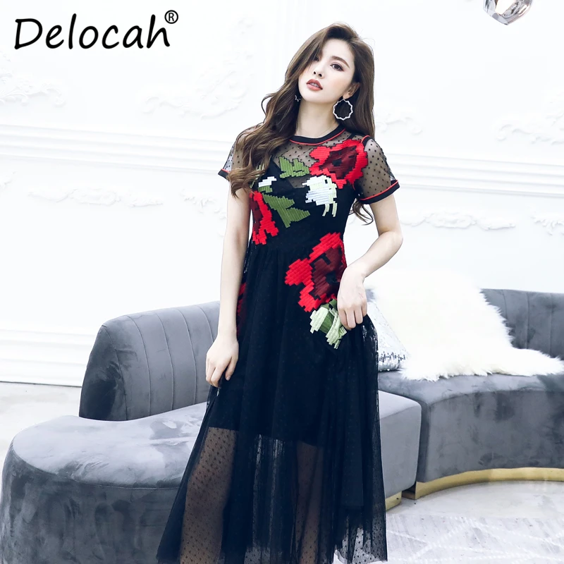 

Delocah Women Spring Summer Dress Runway Fashion Designer Short Sleeve Gorgeous Embroidery Dot Printed Black Mesh A-Line Dresses