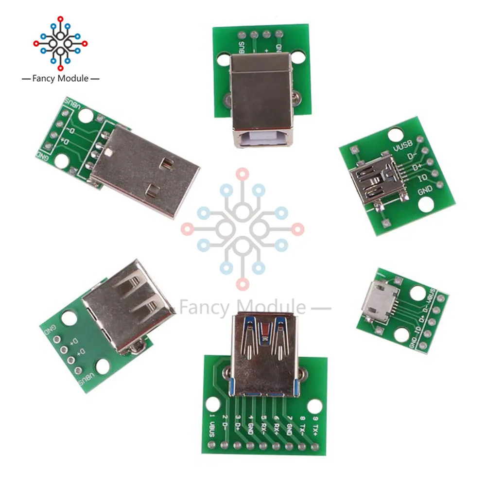 Micro USB Female, Mini USB, USB A Male, USB 2,0, 3,0 A Female, USB TypeB interface to 2,54 мм DIP PCB конвертер адаптер Breakout Board