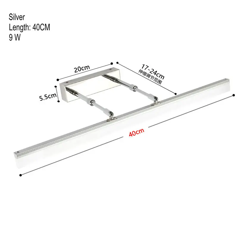 40 см/50 см/60 см/70 см/90 см Ванная комната настенный светильник переменного тока 110 V-220 V черный, серебристый цвет Регулируемый Светодиодное освещение зеркала в ванной для душевая комната - Цвет абажура: White-40cm 9W