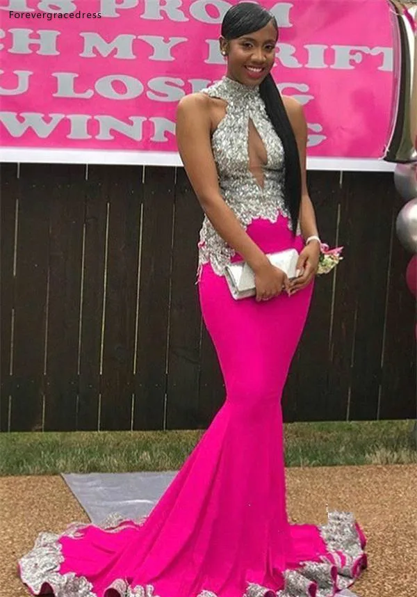 Class of 2K19 Black Girls Backless Prom Dresses Sexy Keyhole High Neck Fuchsia With Silver Appliques Mermaid Long Evening Gowns BC1765  155 (3)