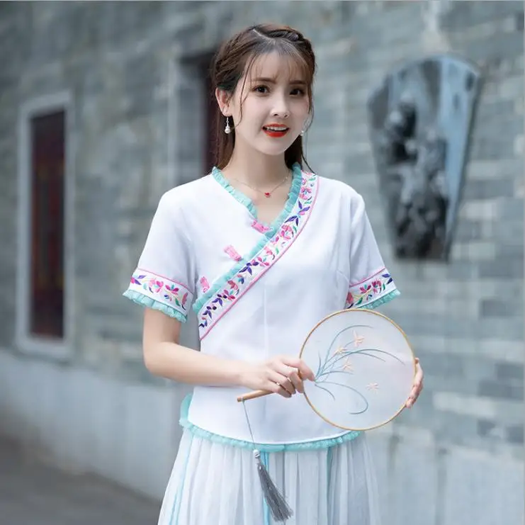 

2019 spring and summer new cotton and linen embroidery shirt