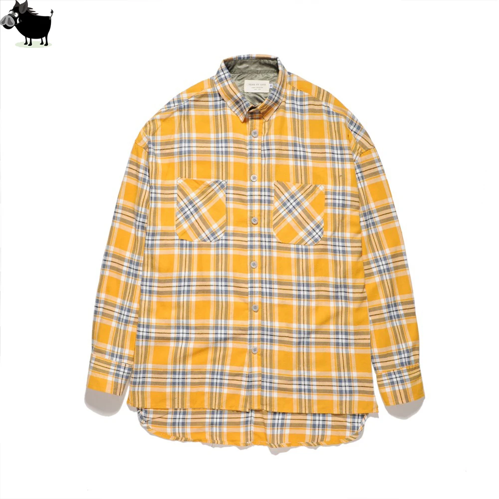 2018 US Hip Hop Most popular justin bieber FOG fog Men unisex flannel Long-sleeved plaid oversized dress shirt in red yellow