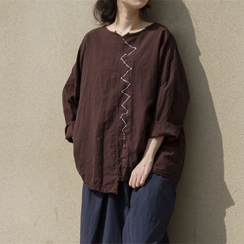 Johnature льняные винтажные свободные женские топы с вышивкой, весна, однотонный пуловер с длинным рукавом, 2 цвета, оригинальные футболки, новинка