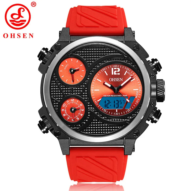 red OHSEN часы Военные мужские спортивные часы цифровой светодиодный наручные часы с тремя часовыми поясами электронные часы с резиновым ремешком Мужские новости AD1801 - Цвет: red