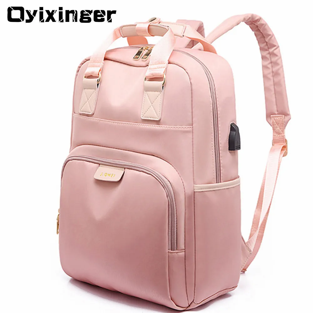 

USB Charge Computer Backpack 14 Inches Women Waterproof Bagpack School Bags For Teenage Girls Pink Backpacks For Dell Laptop Bag