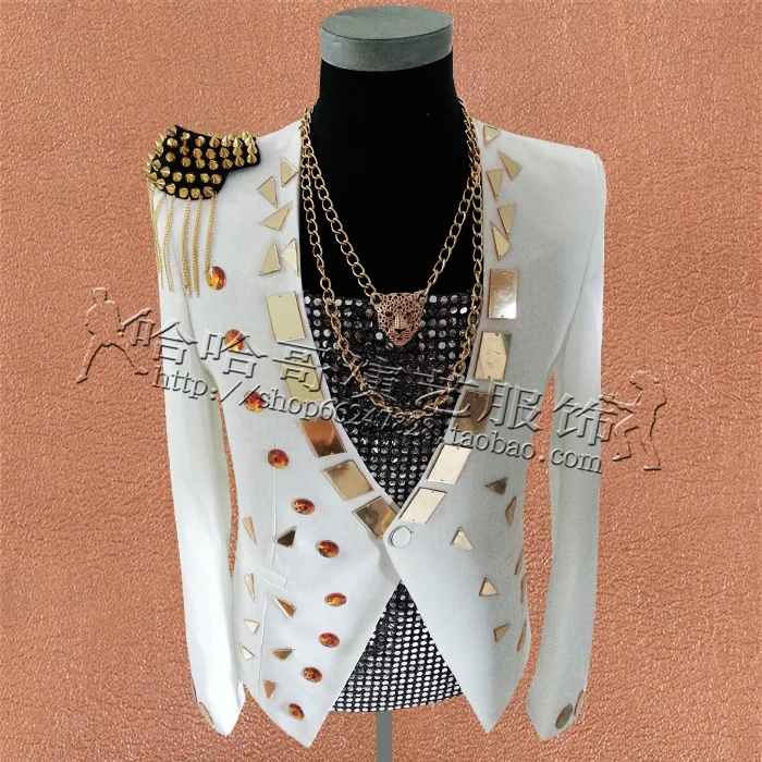 

2018 New Golden Rivets Sequins Men Blazers Suit Wedding Stage Costumes For Male Singers DJ Black Military Clothing Jacket Coat