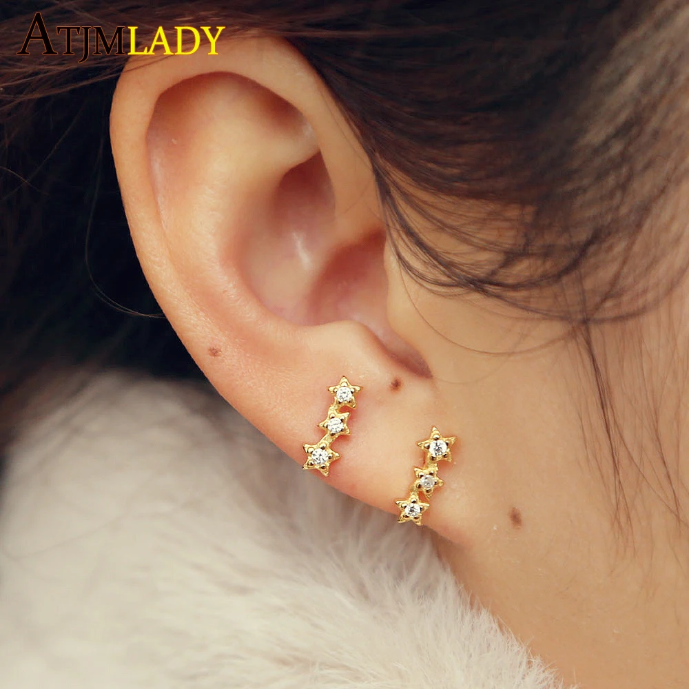 Серьги-гвоздики на День святого Валентина с золотым наполнением и тремя звездами, Стерлинговое Серебро 925 пробы, изящные Изящные миниатюрные стильные серьги для девушек и женщин