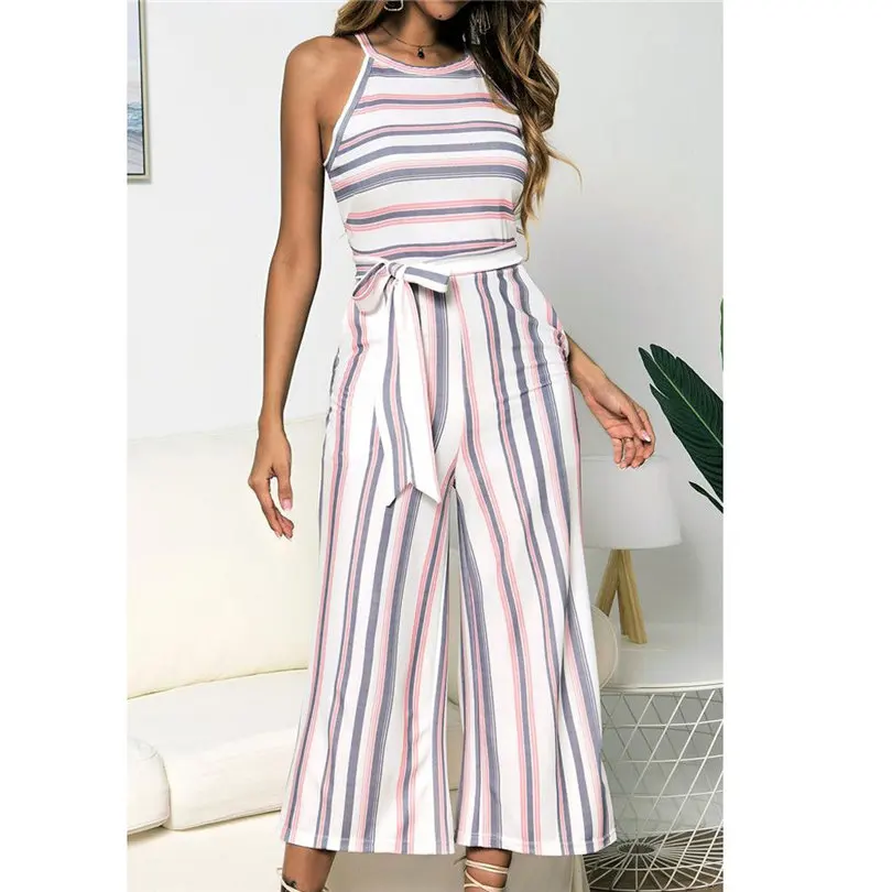 New Fashion Women Summer Sexy Sleeveless Multicolour Striped Jumpsuit Clubwear Wide Leg Pants Outfit Long Pants Jumpsuit #4A18 (15)