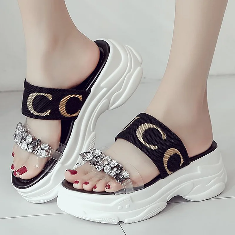 

Women's Summer Shoes Rhinestone Sandals Woman Slip-On Rubber Sole Casual Black Shoes For Girl Beautiful Platform Sandals Female