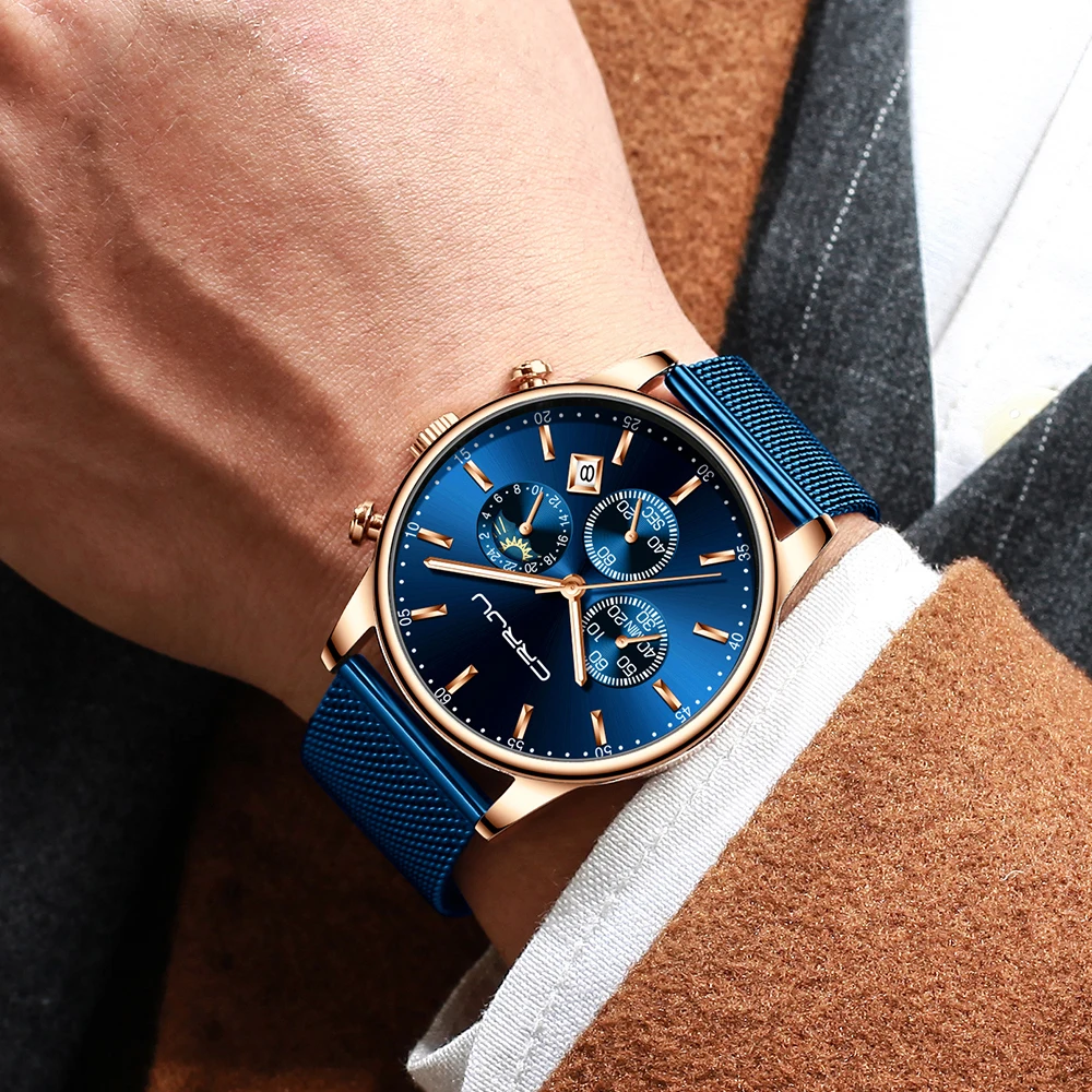 

CRRJU Luxury Quartz Man Watch for Men Relogio Masculino Blue Dial Watches Sport Watches Chronograph Clock Mesh Belt Wrist Watch