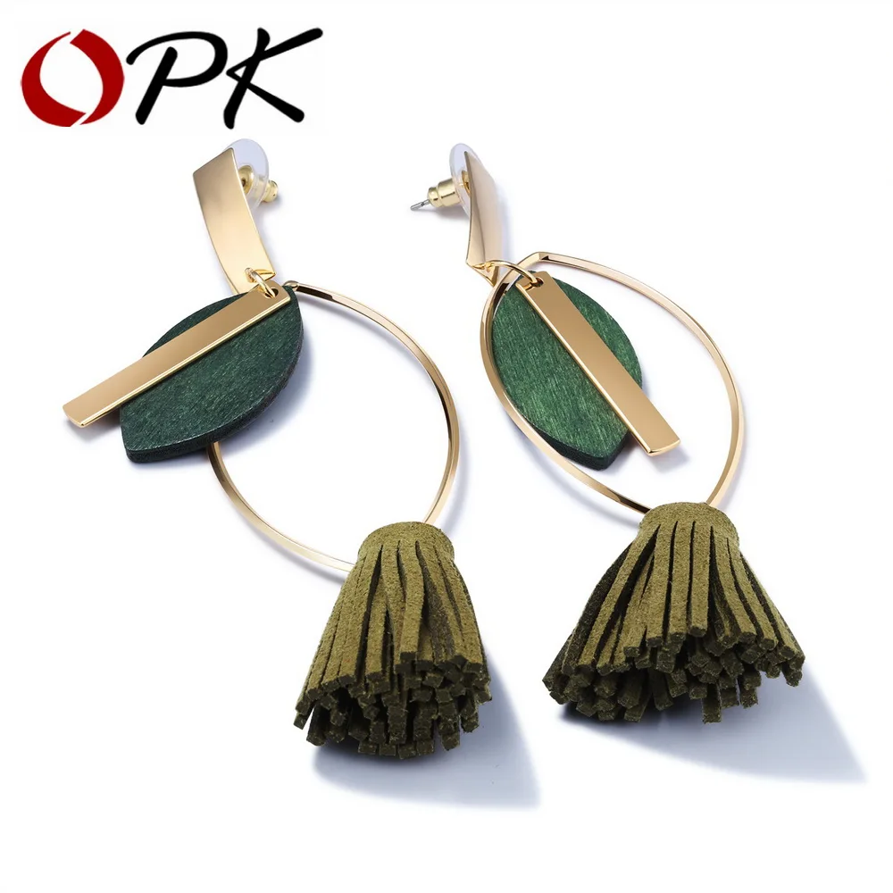 

OPK Vintage Drop & Dangle Tassel Earrings For Women Gold Color Olive Green Leaf Design 2017 Exaggerated Bohemian Style ,KE692
