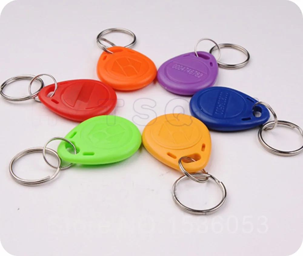 (100PCS) Top Quality 6 Different Color TK4100(EM4100) 125KHz Waterproof RFID Tag NO.2 ID Keyfob Keychain For Access control |