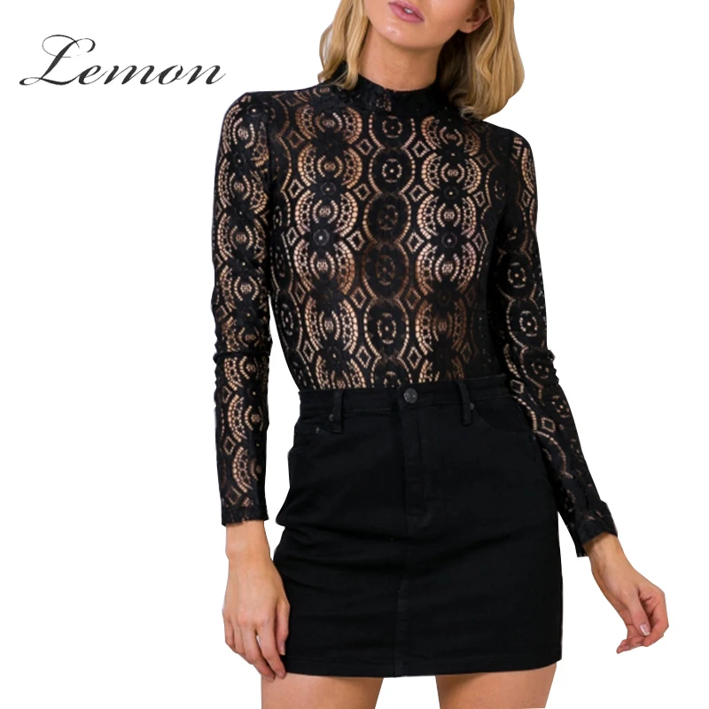 Lemon Lace Solid Black Hollow Out Vintage Tops Black Lace Crochet Long Sleeve font b Blouse