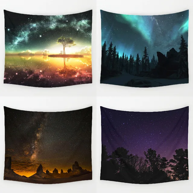 

DropShip Amazing Graceful Night Starry Sky Beautiful Sight Printed Wall Hanging Tree Natural Scenery Tapestry Living Room Decor