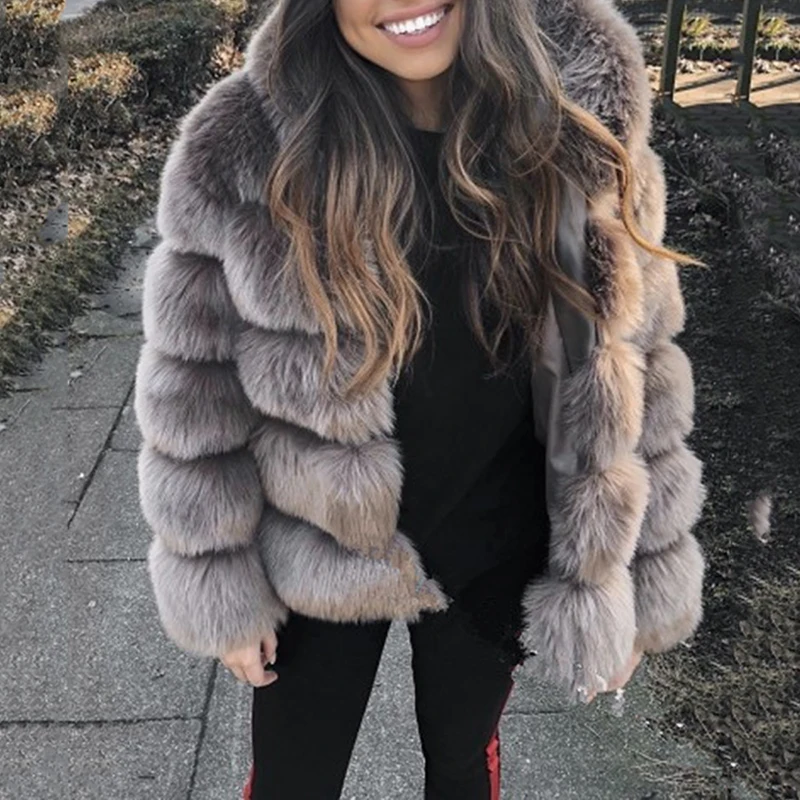 

Winter Autumn Thick Warm Faux Fur Hooded Coat Women Long Sleeve Jacket Outerwear Luxury Fur Casual Overcoat Plus Size 3X