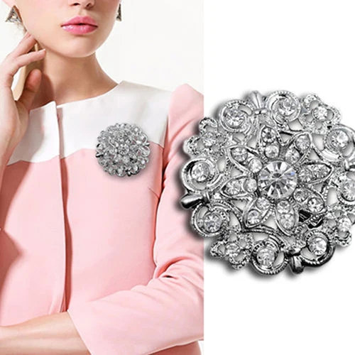 

Women Bridal Bouquet Rhinestone Crystal Brooch Pin Silver Plated Round Flower