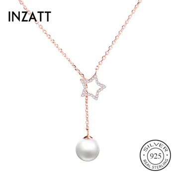 

INZATT Fashion 925 Sterling Silver Pearl Star Pendant Necklace for Women Anniversary long Chain Tassel Rose Gold Color Jewelry