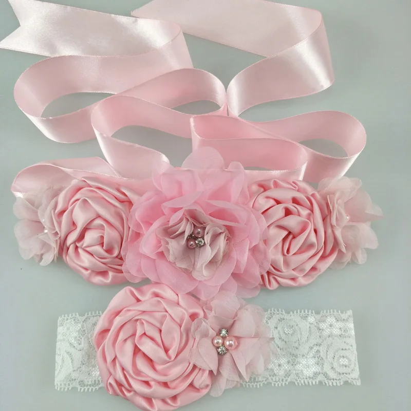 1 Set Chiffon Pink White Purple Flower Sash Matching Baby Headband Satin Sash Belt Flower Girl Hair Wedding Maternity Belts