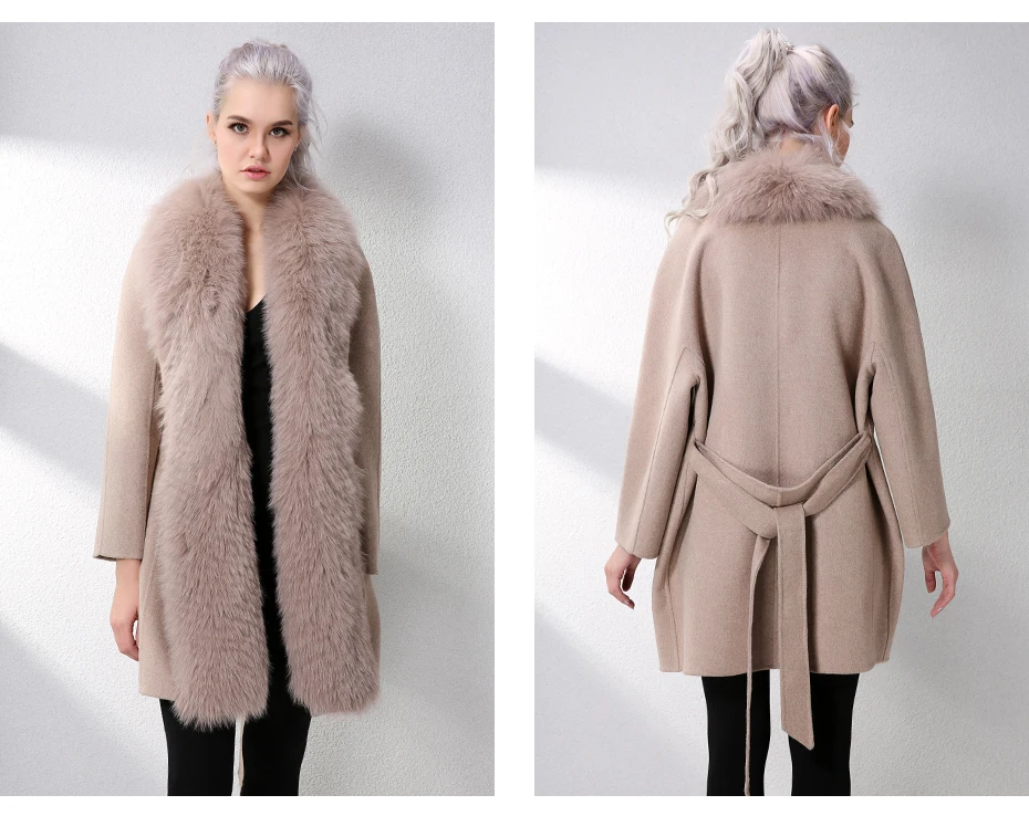 JELUDA Hot Sale Cashmere Coat Women Scarf Collar With Natural Real Fox Fur Real Fur Coat Genuine Leather Jacket Women Overcoat